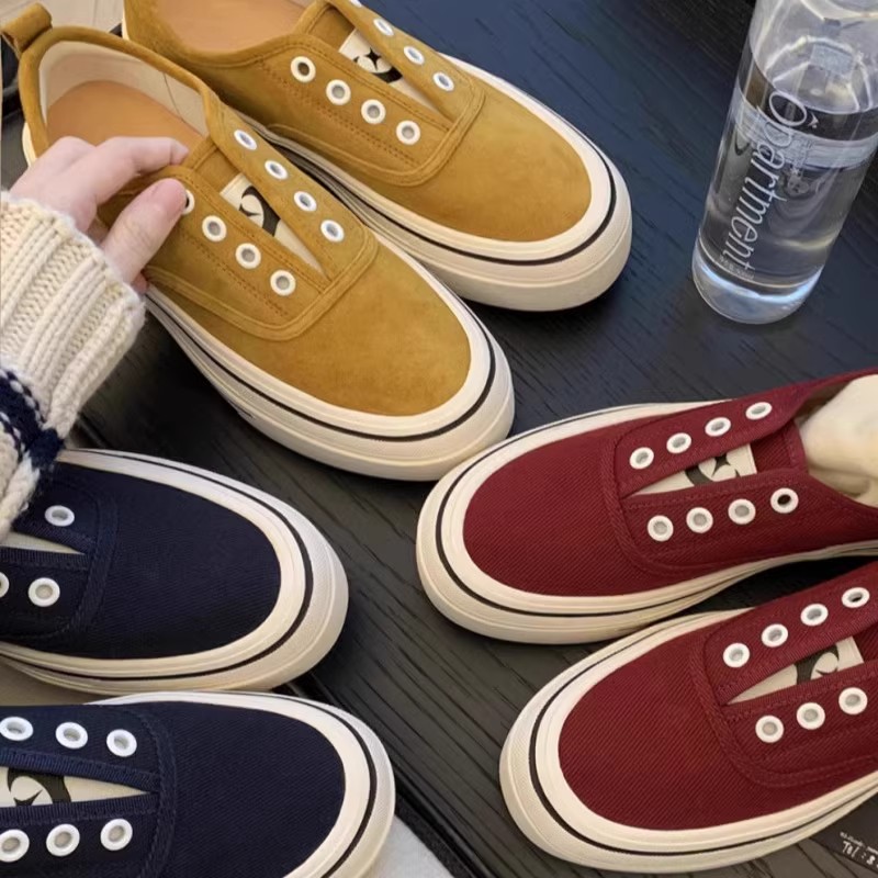 现货2025新款葡萄妈同款帆布鞋真皮乐福鞋女懒人一脚蹬休闲板鞋