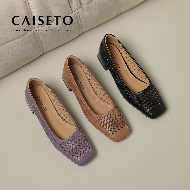 【黑色】牛皮/3.5cm夏新款方头时尚镂空百搭低跟软底通勤舒适25D323