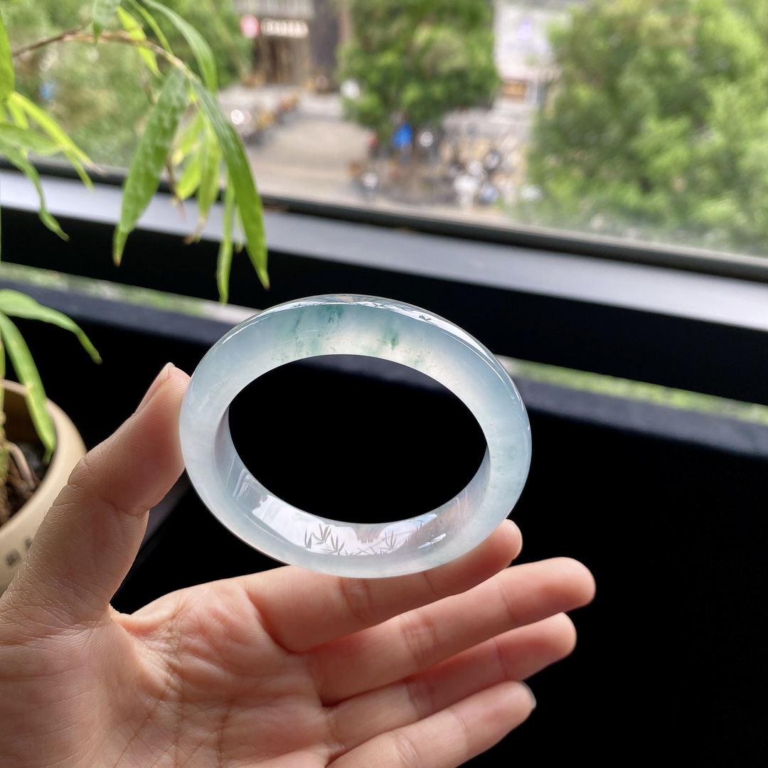 好色珠宝  圈口51缅甸老坑A货高冰种飘花正圈女款翡翠手镯