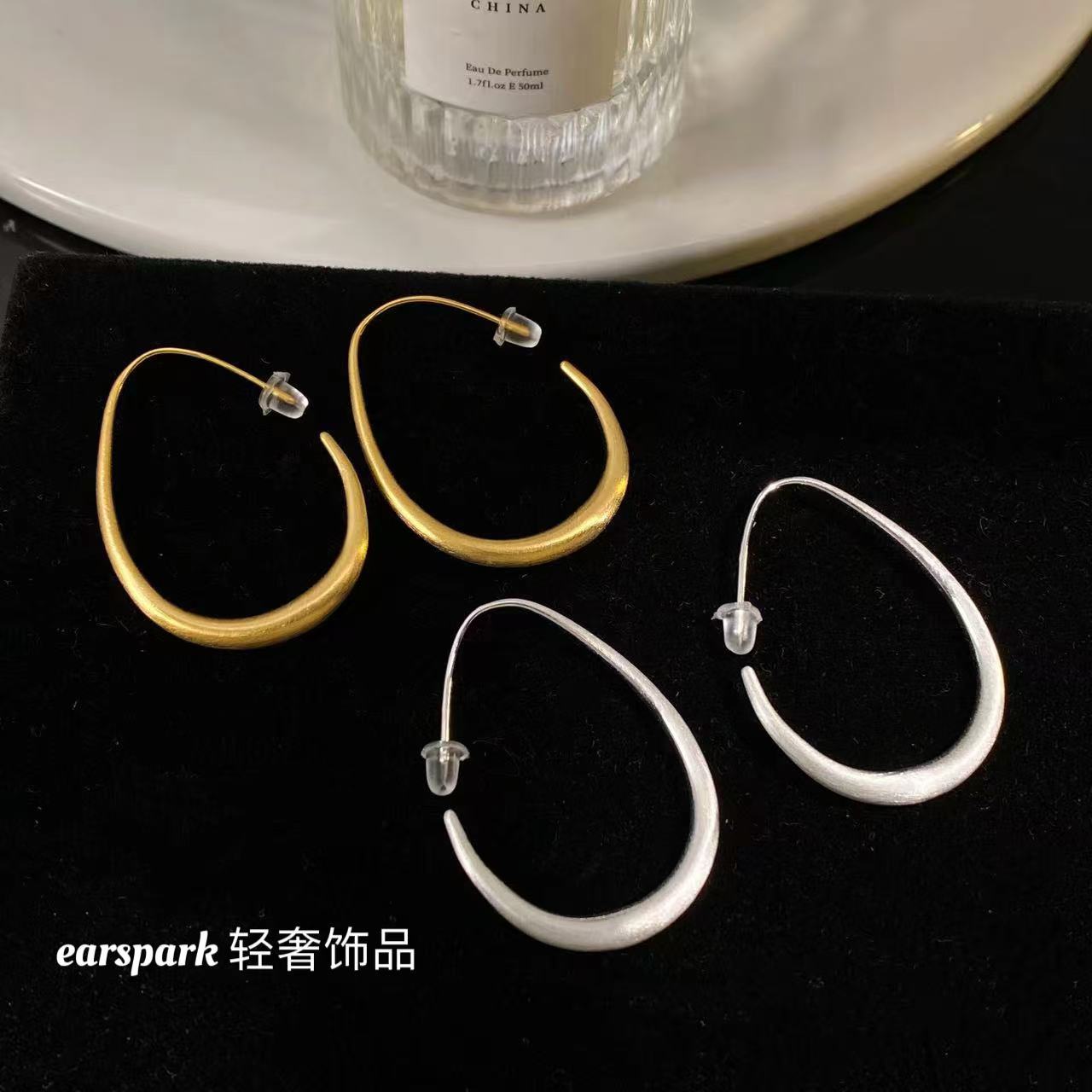 EarSpark 黄铜耳饰 水滴日韩拉丝耳环设计感经典圈圈轻奢耳环