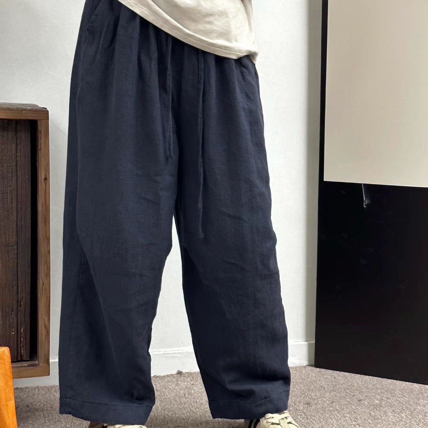 【7253】纯色亚麻棉裤哈伦弯刀裤裤长95