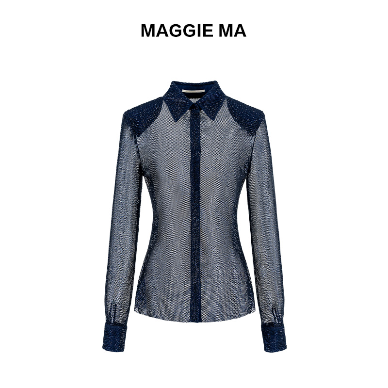MAGGIEMA马婧时尚璀璨魅力百搭蓝色垫肩网格钻衬衫女装101S