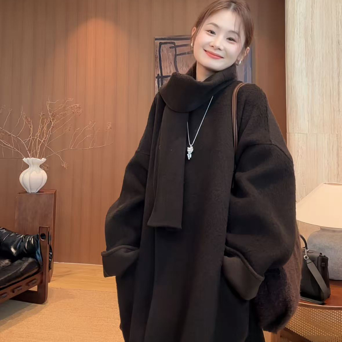 麦子私服【墨尔本午夜】苏丽羊驼圈圈毛中长款大衣