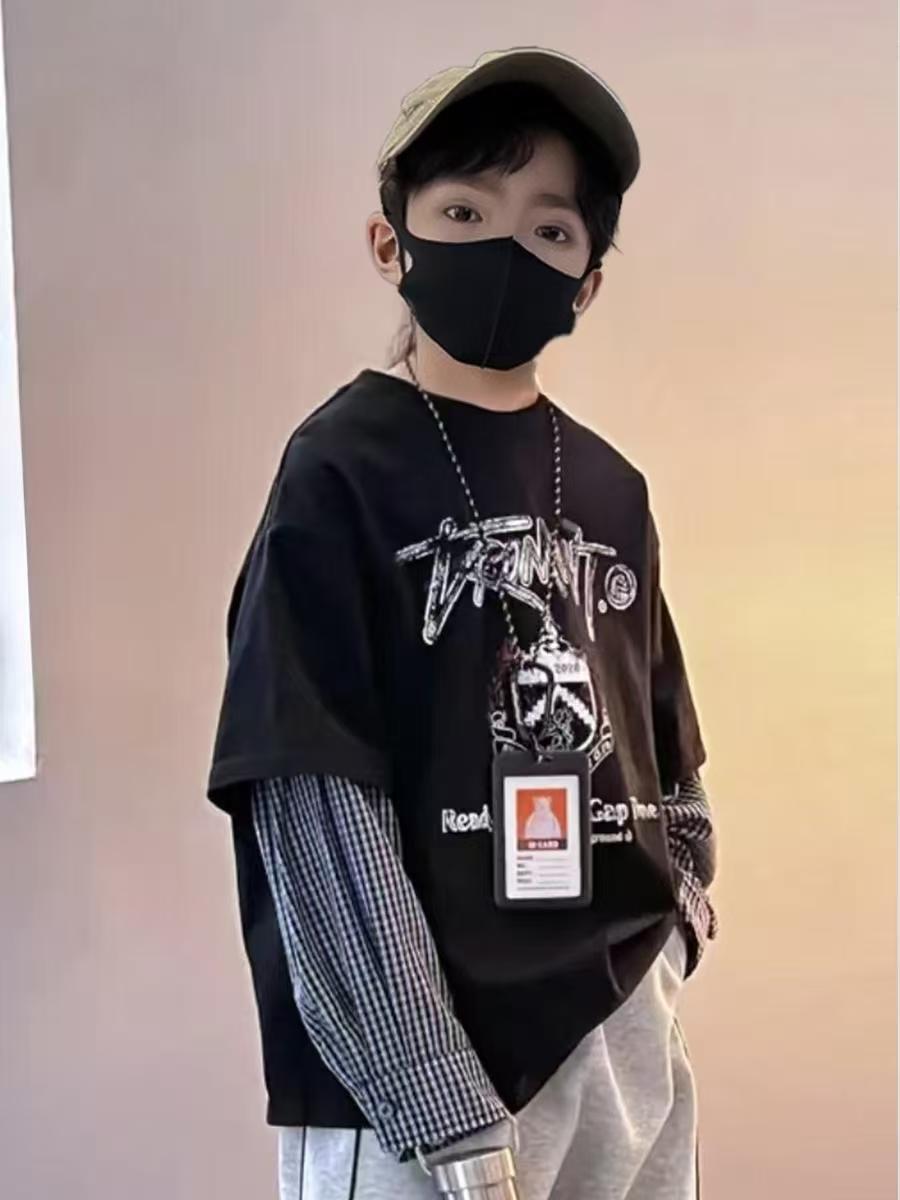 韩版春秋印花拼接卫衣2025秋新款时尚圆领男童中大童潮酷