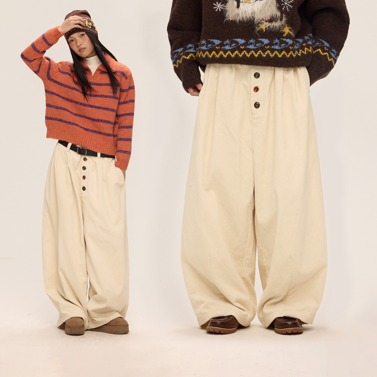 江南先生NewJNXS纯棉灯芯绒复古宽松长裤秋冬立体撞色纽扣休闲裤