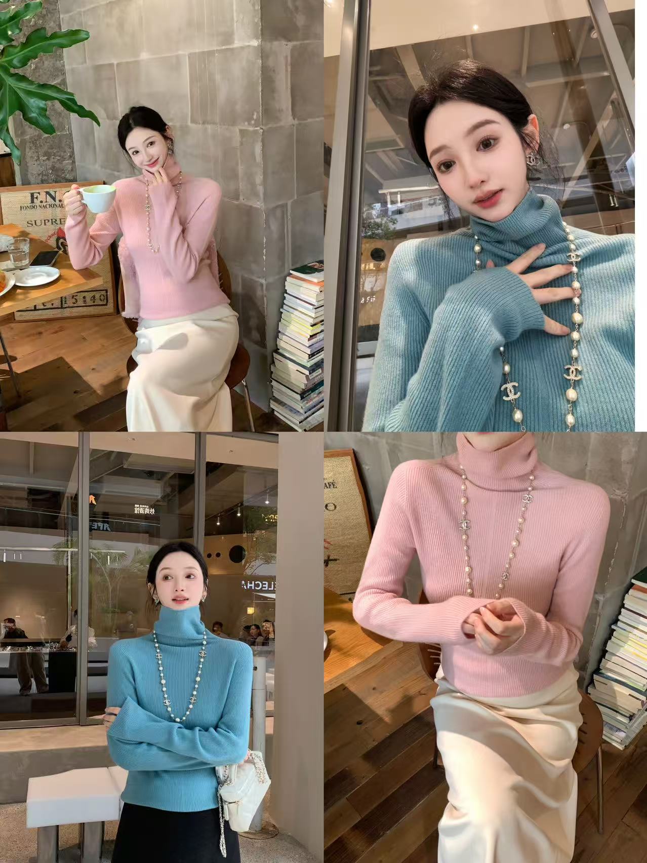 JING【软糯0压】堆堆领无缝修身正肩长袖羊毛打底毛衣