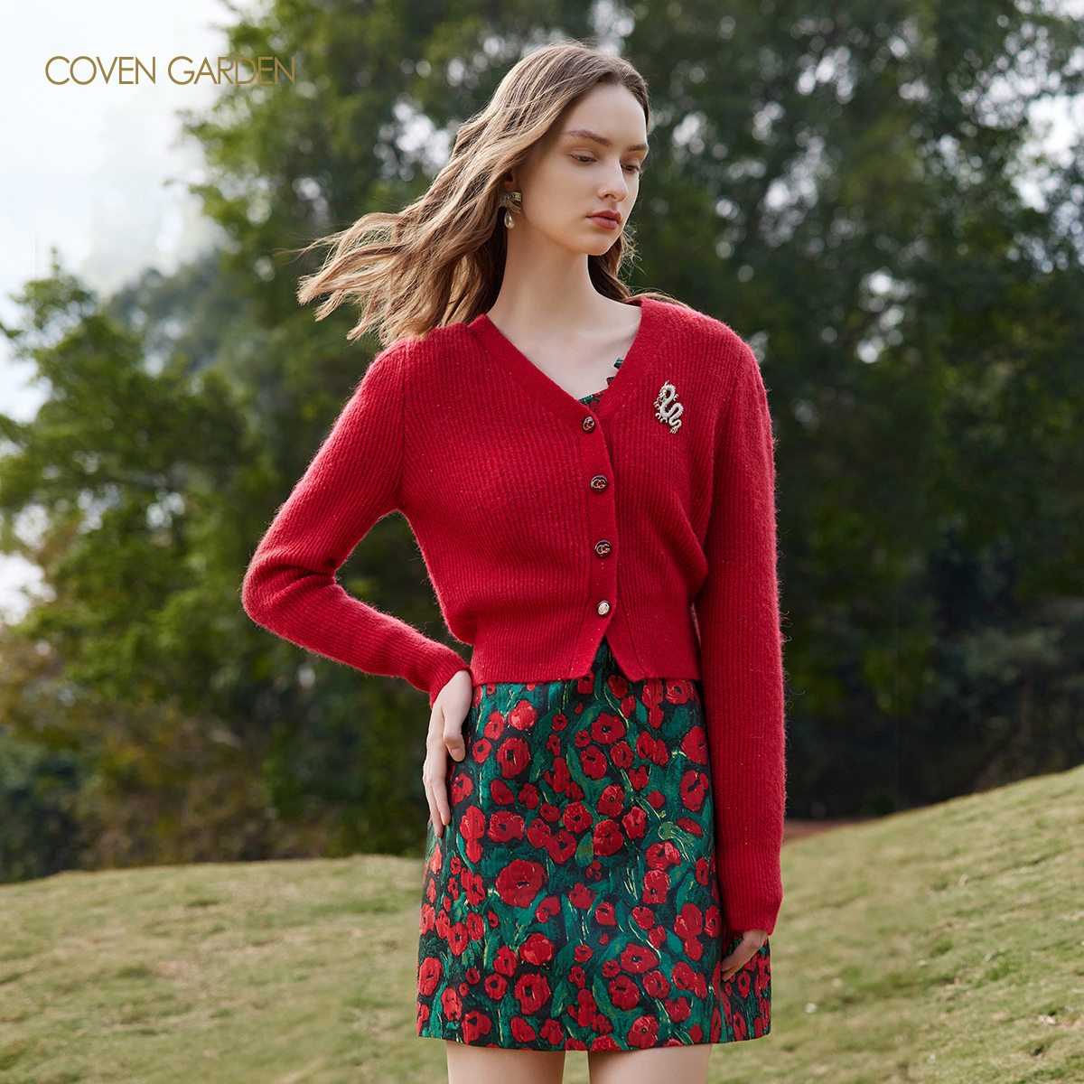 哥文花园 正红色毛针织衫开衫女气质 CLA1033310