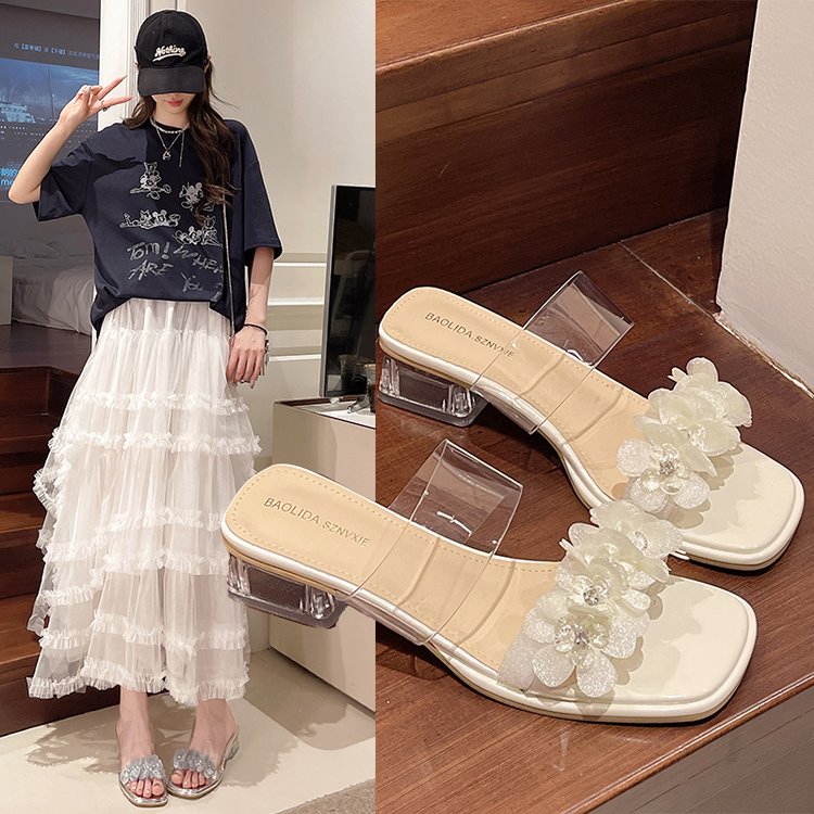 透明水晶粗跟拖鞋女夏外穿时尚花朵高跟凉拖露趾不累脚