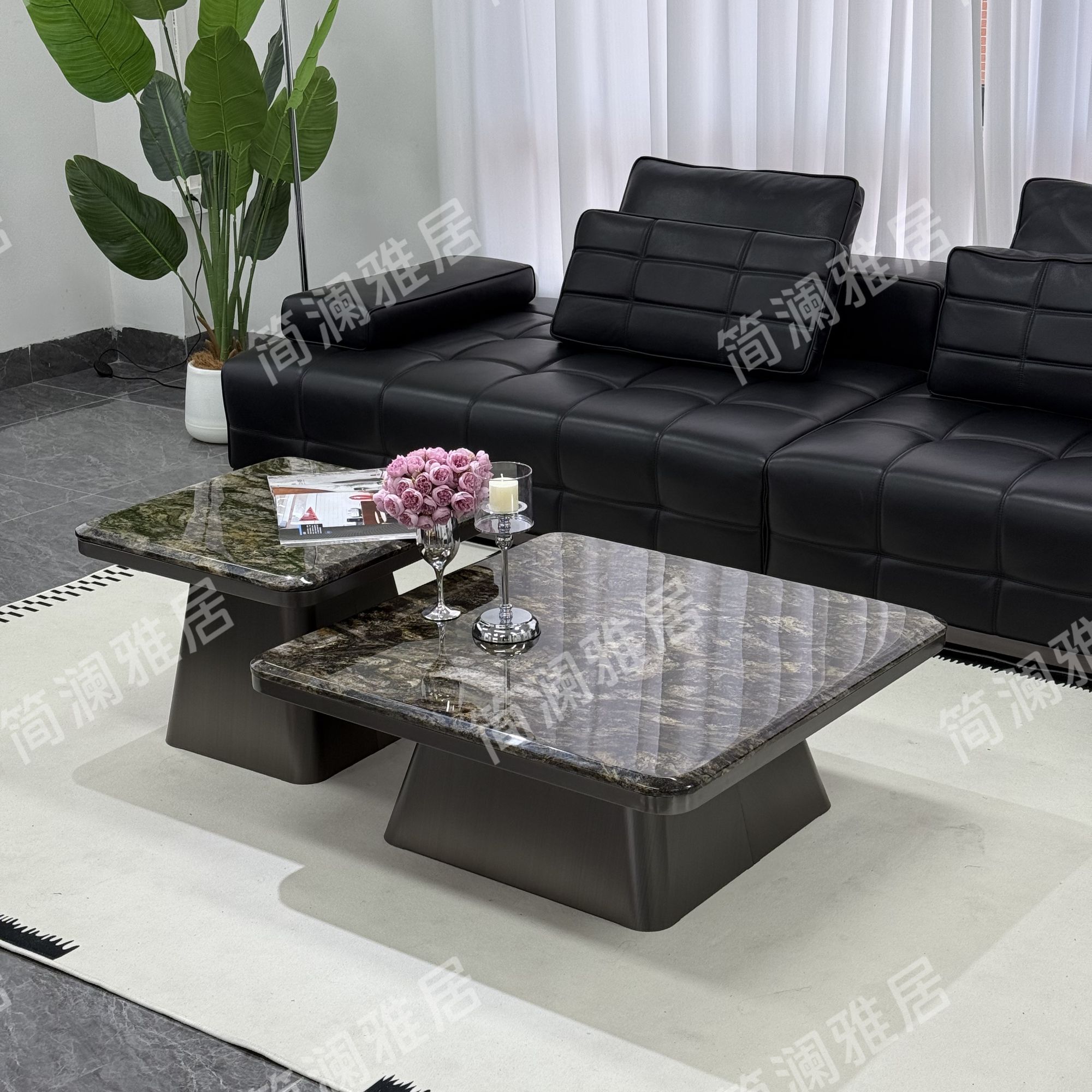 铂金钻大理石奢石茶几意式极简客厅大小方家用设计师新品组合茶几
