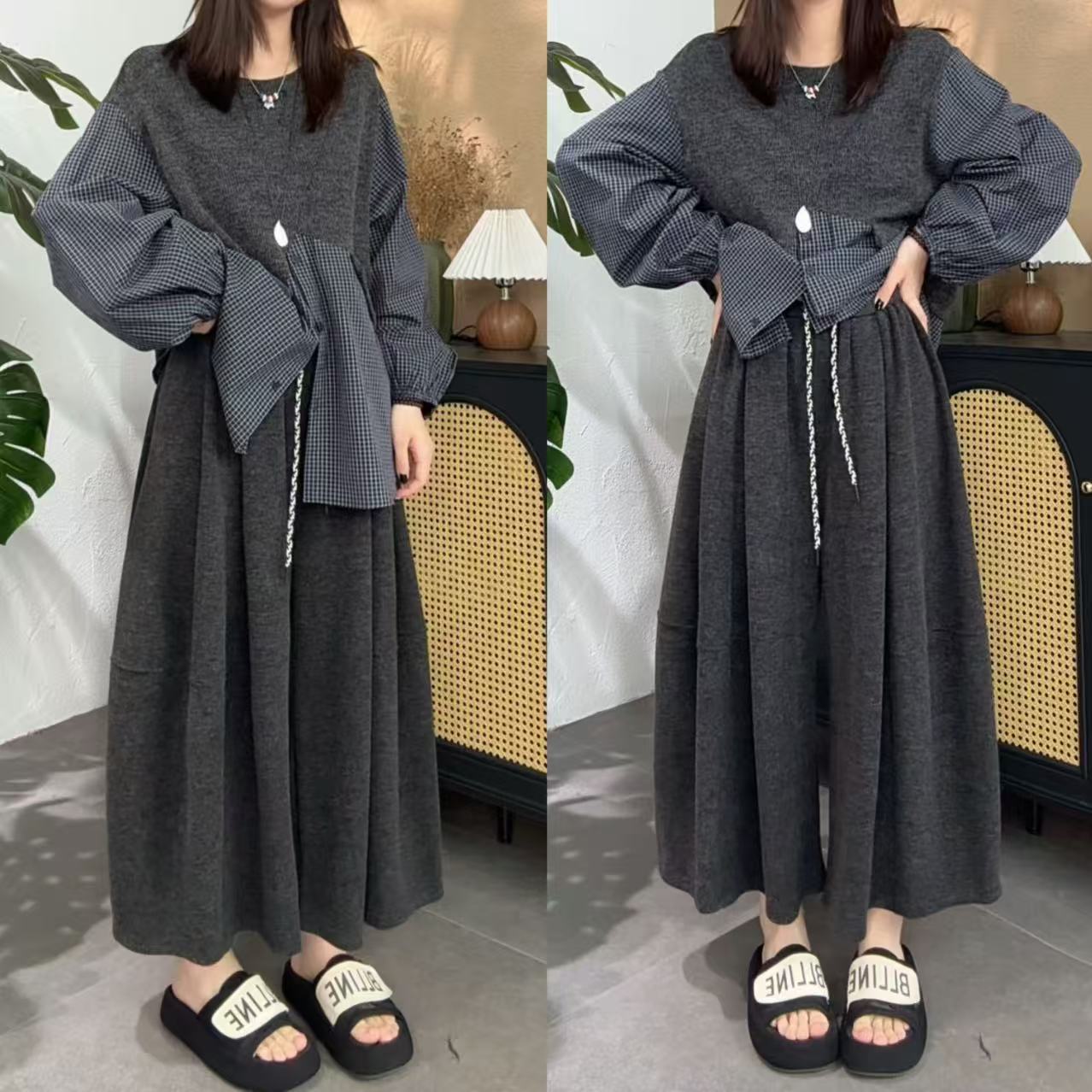 【SI MO】92302欧货设计款洋气百搭绒感松紧腰气球裤