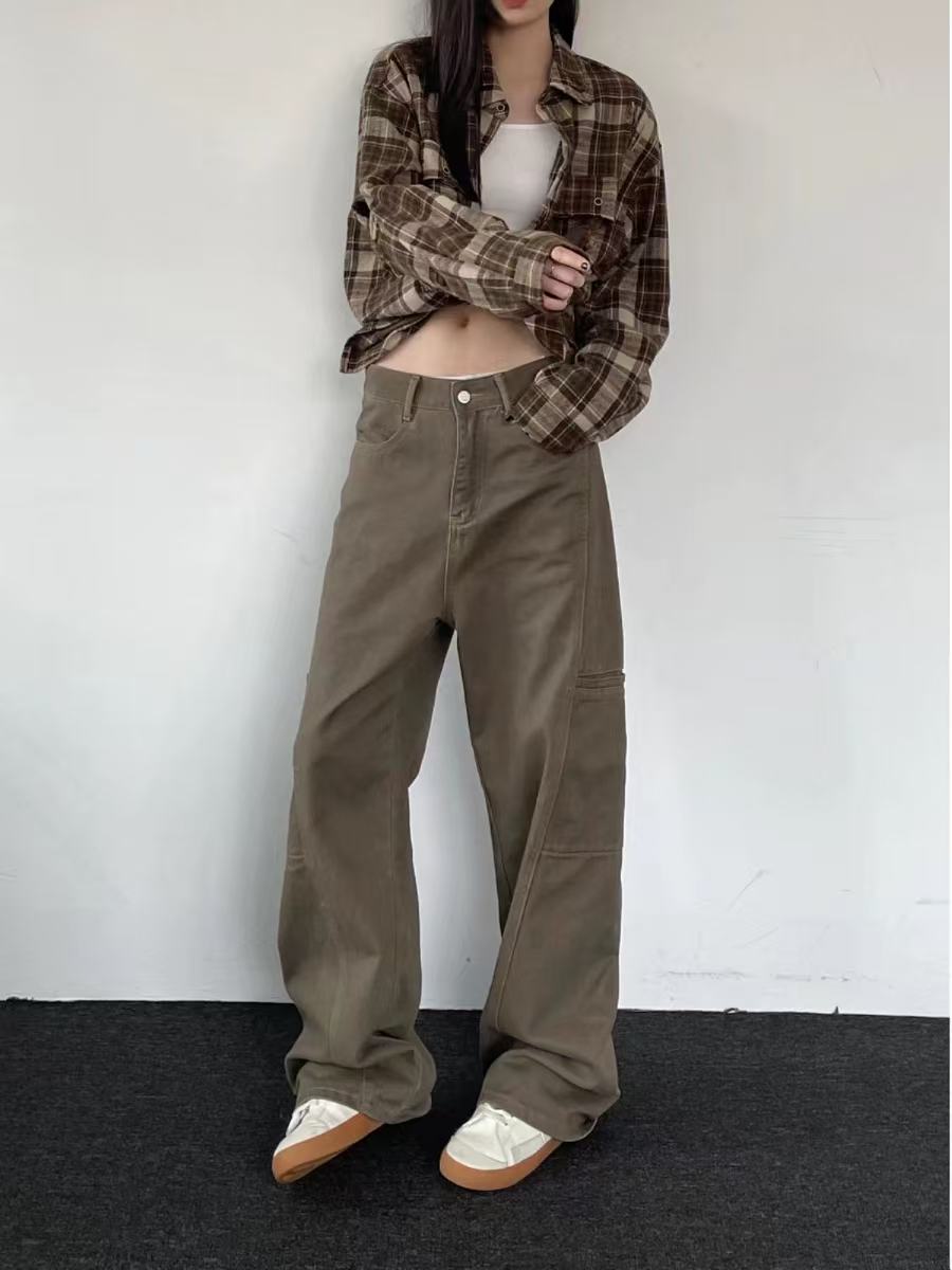 2025早秋新款夏季水洗韩版设计感长裤中腰直筒弯刀牛仔裤女裤