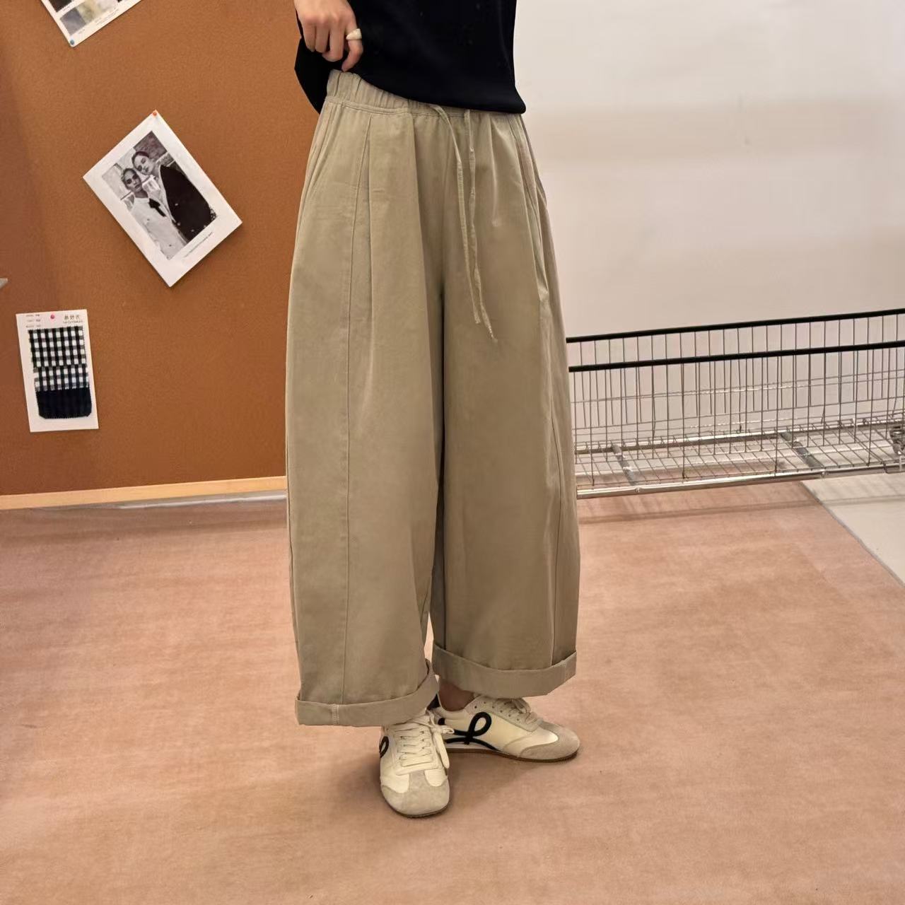 YQLL-【全棉休闲裤】宽松抽绳捏褶高腰全松紧腰抽绳休闲裤宽松9122