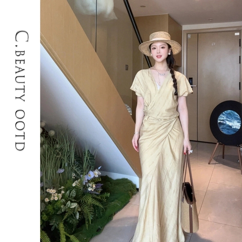 高品质-法式浪漫夏款收腰扎染印花亚麻连衣裙