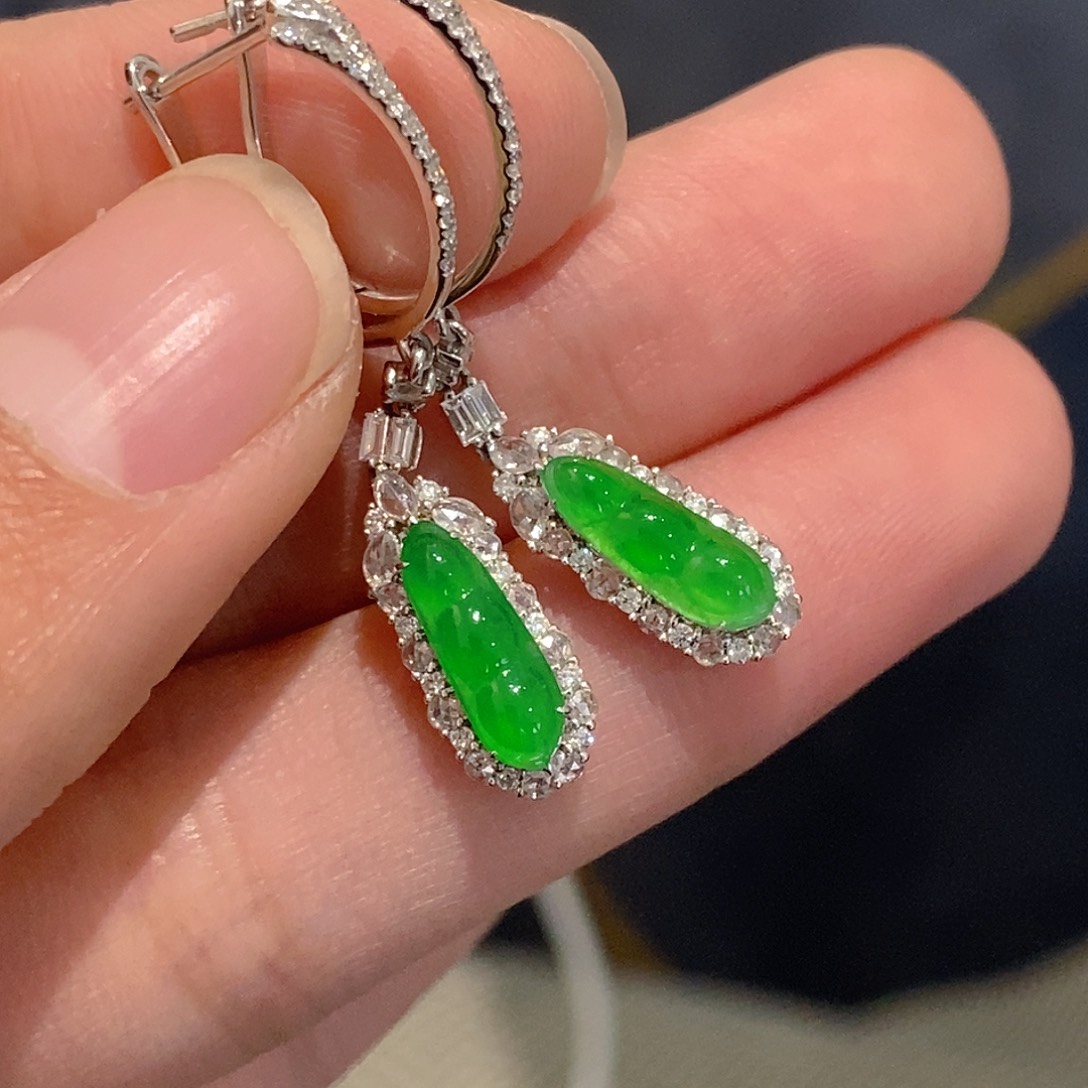 翡翠耳饰18K金镶嵌天然缅甸A货翡翠