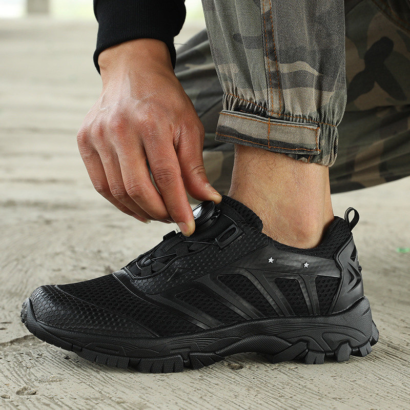 新式户外自动扣作训鞋男快速穿脱跑步鞋黑色低帮作战靴