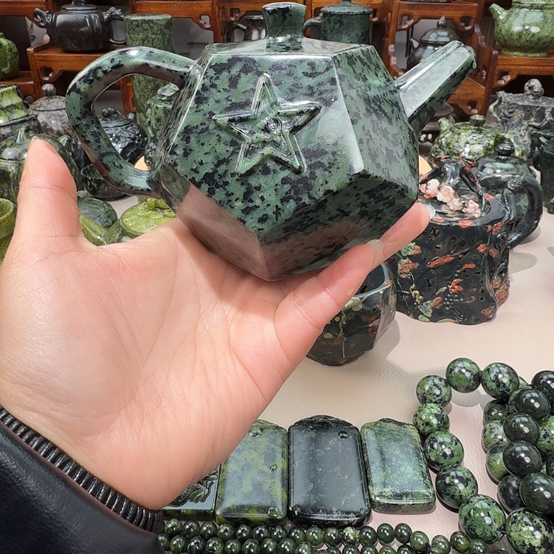 子***墨蛇纹石玉未镶嵌藏玉药王石茶壶