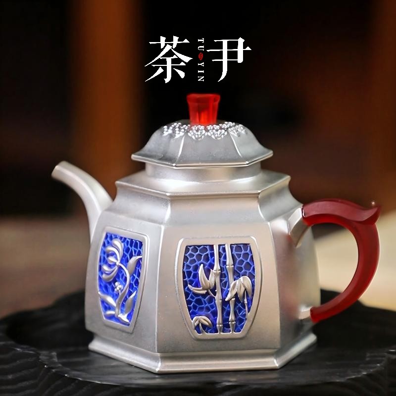 999足银手工泡茶壶茶具四君子景泰蓝七宝烧银壶足银带鉴定证书