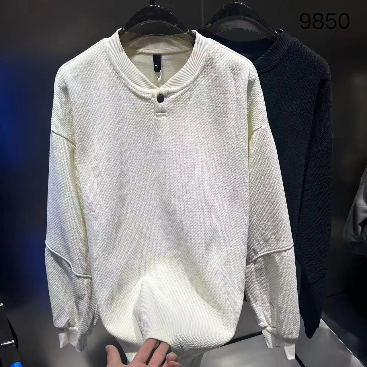 美式复古简约亨利领卫衣男女侧按扣纹理质感老钱风