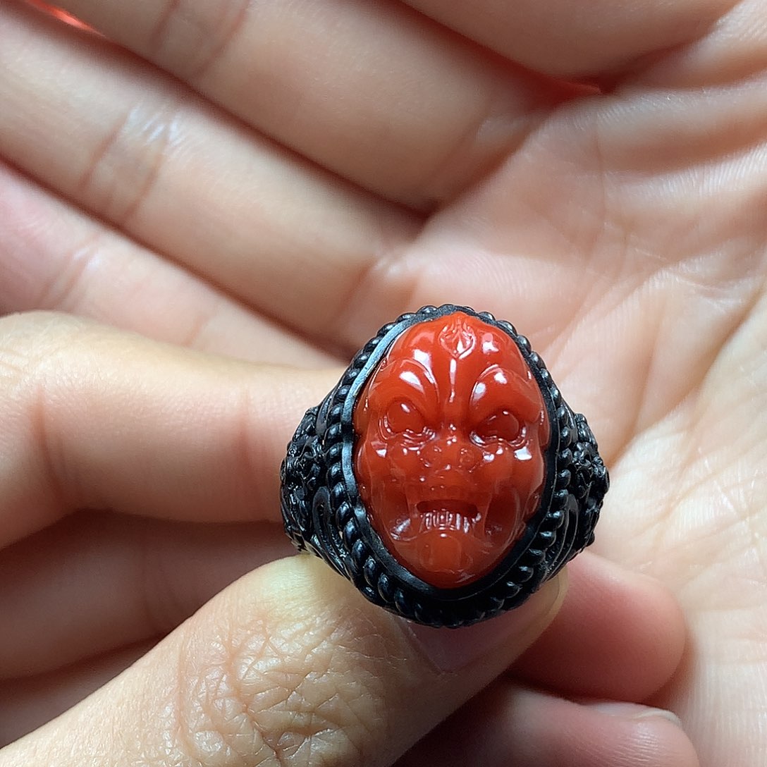 南红玛瑙兽面戒指银S925镶嵌铁*李