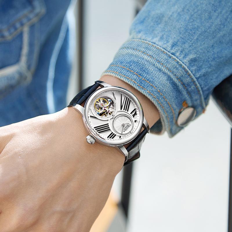 卡罗莱夜光手表男正品全自动机械表镂空时尚商务腕表男款男款新款