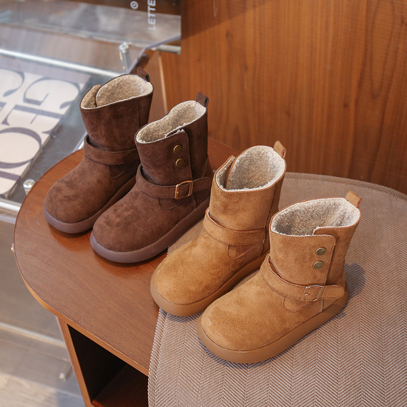 秋冬新款棉靴女童套筒鞋子搭扣加绒扣式软底一鞋两穿堆堆靴加厚暖