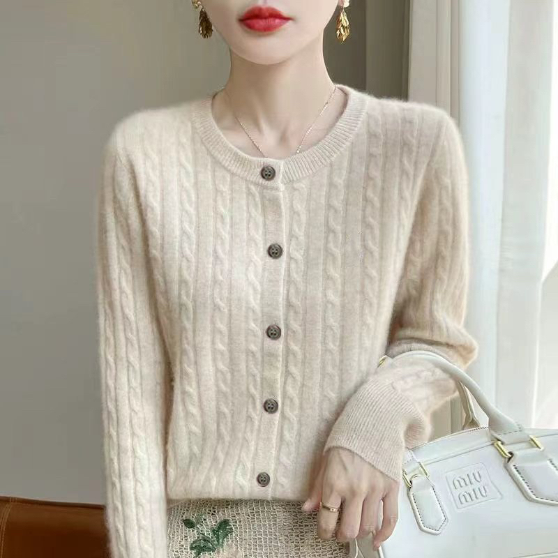 小山羊 体感王 麻花羊绒开衫外套女100纯羊绒针织毛衣