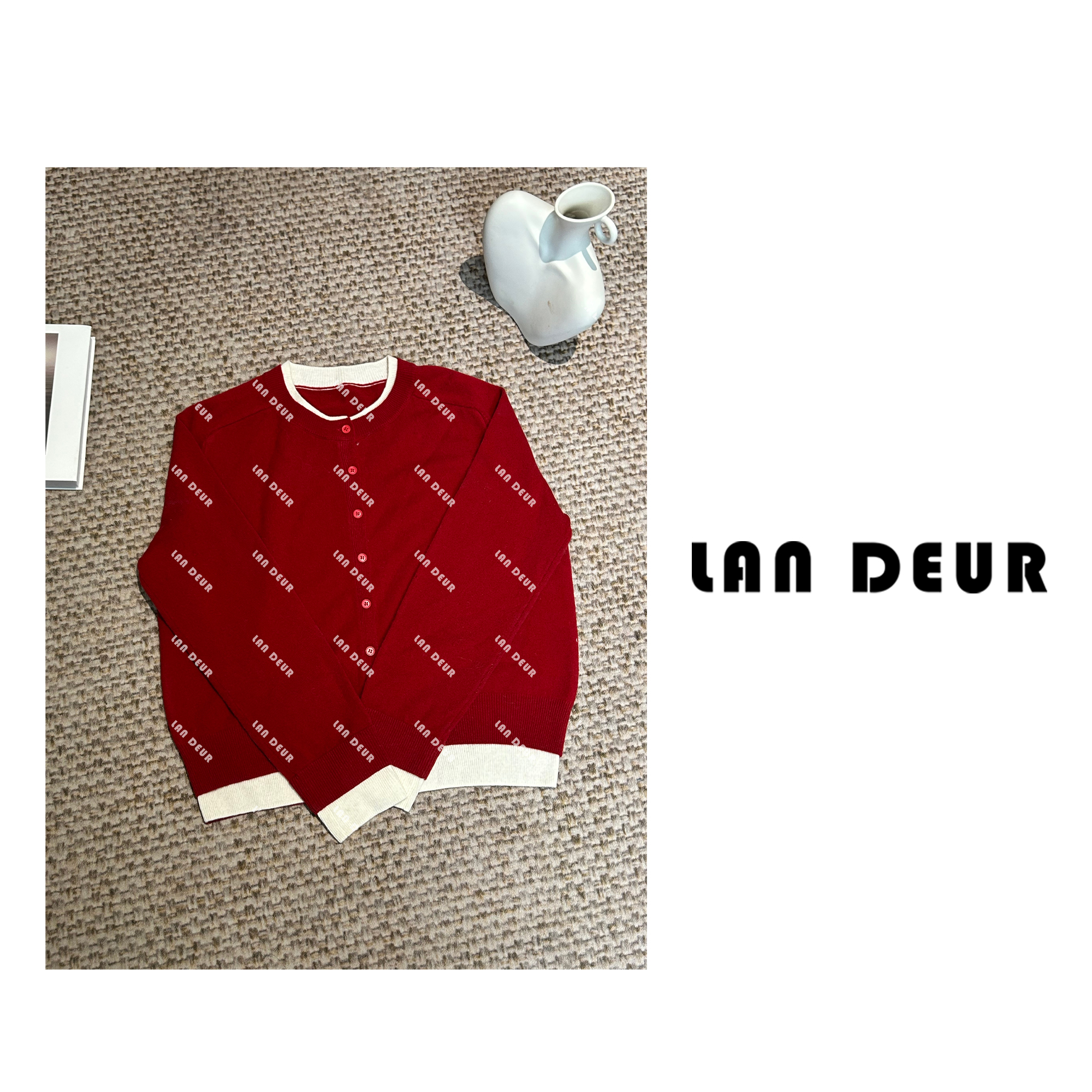 【冬川十里春】100%纯羊毛红色假两件毛衣舒适针织开衫女上衣