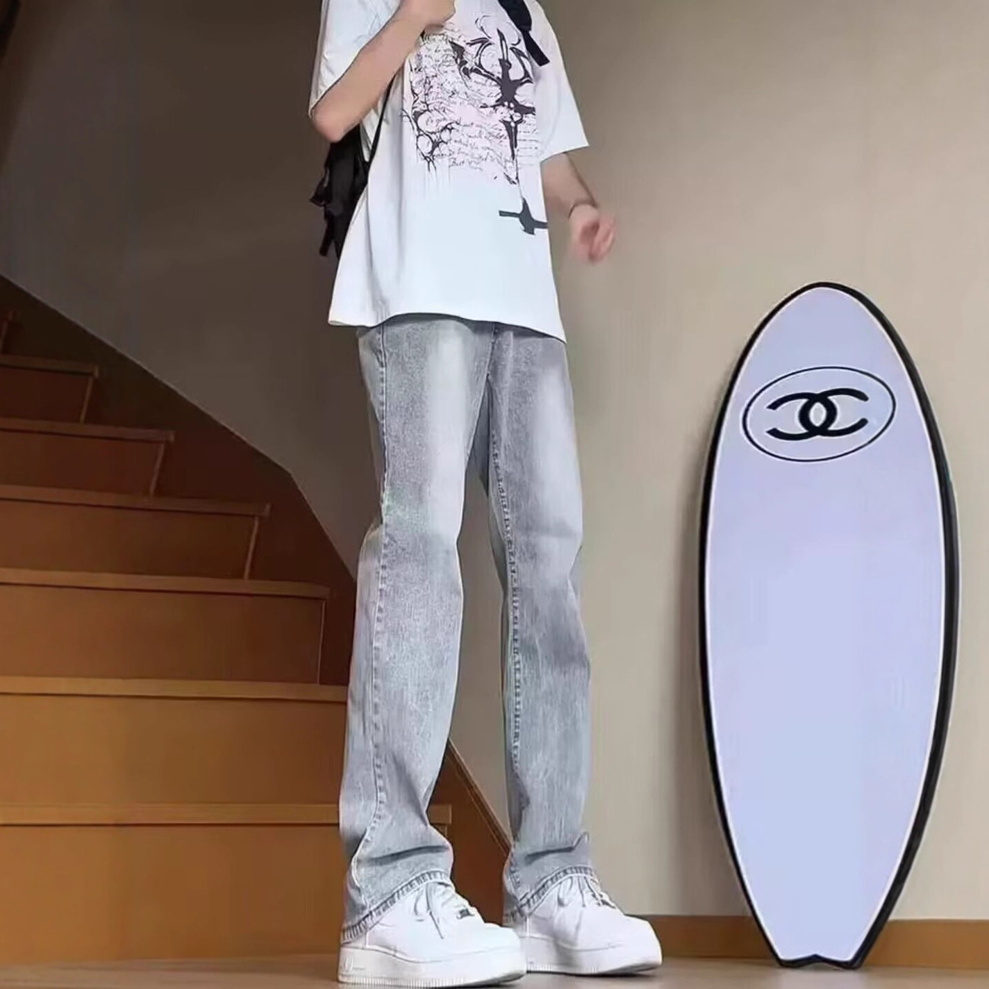 微喇加绒牛仔裤男秋冬修身直筒微喇裤美式高街美式高街烟灰微喇裤