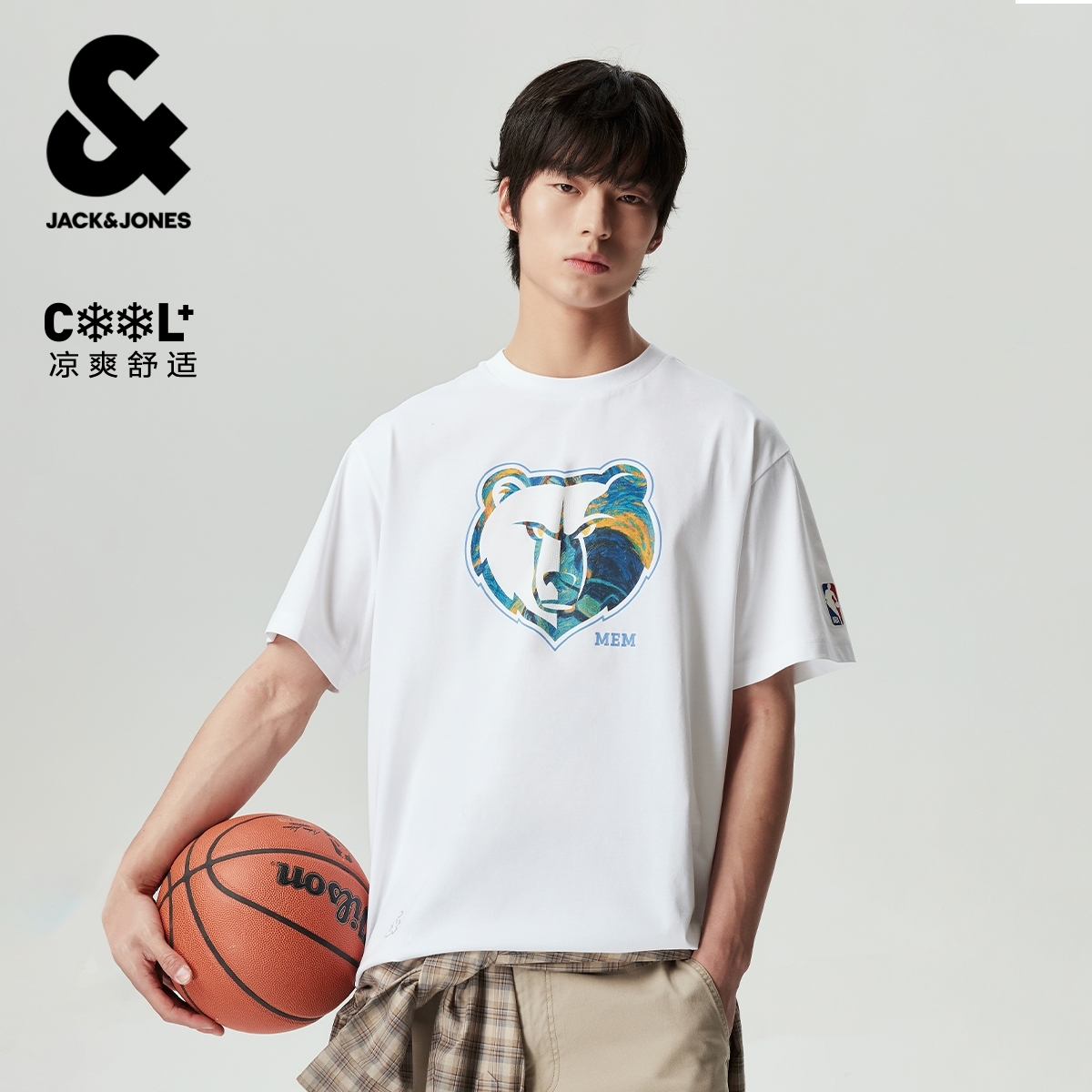 【NBA联名灰熊队】杰克琼斯男装T恤夏季宽松圆领短袖精致印花时尚