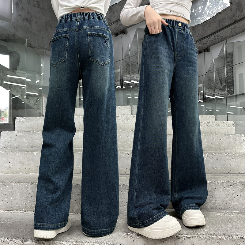 女大童牛仔阔腿裤春秋2025新款中学生10-15岁秋季休闲显瘦直筒裤