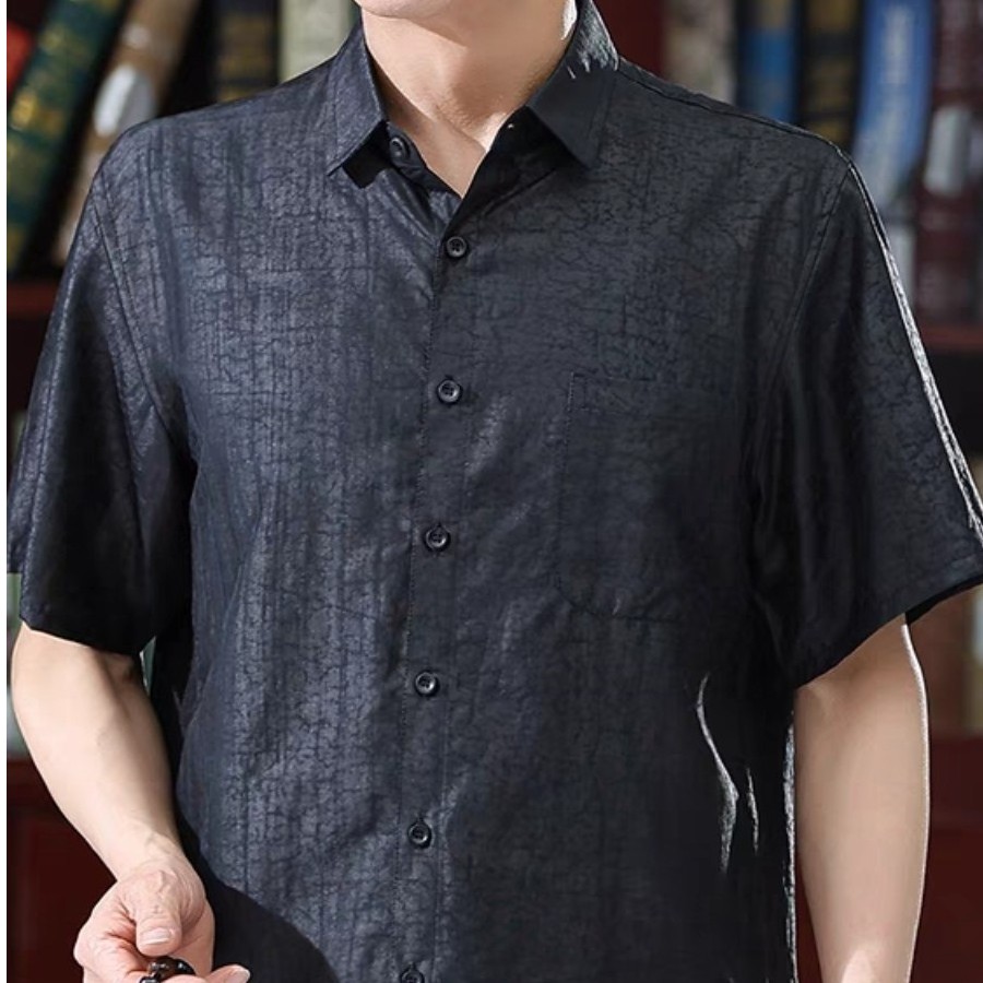 男士夏季桑蚕丝香云纱休闲立领蚕丝衬衫大码商务时尚正装透气男装