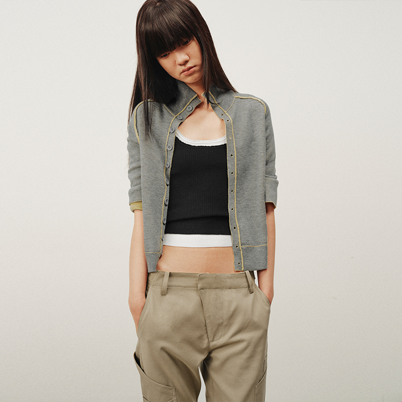 NUTH正反两穿撞色针织开衫毛衣喇叭袖针织衫女黄灰拼色/蓝灰拼色