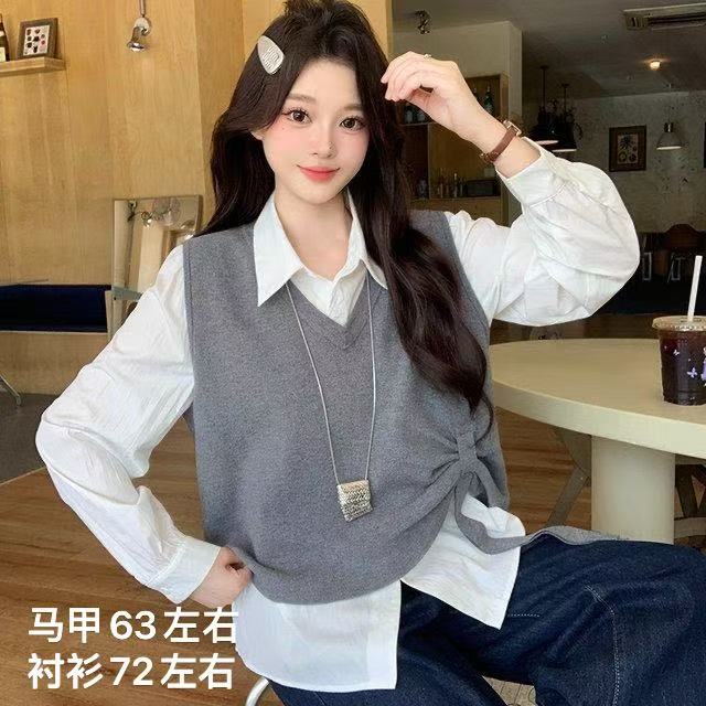  凤儿家-11181气质休闲衬衫+减龄针织马甲两件套