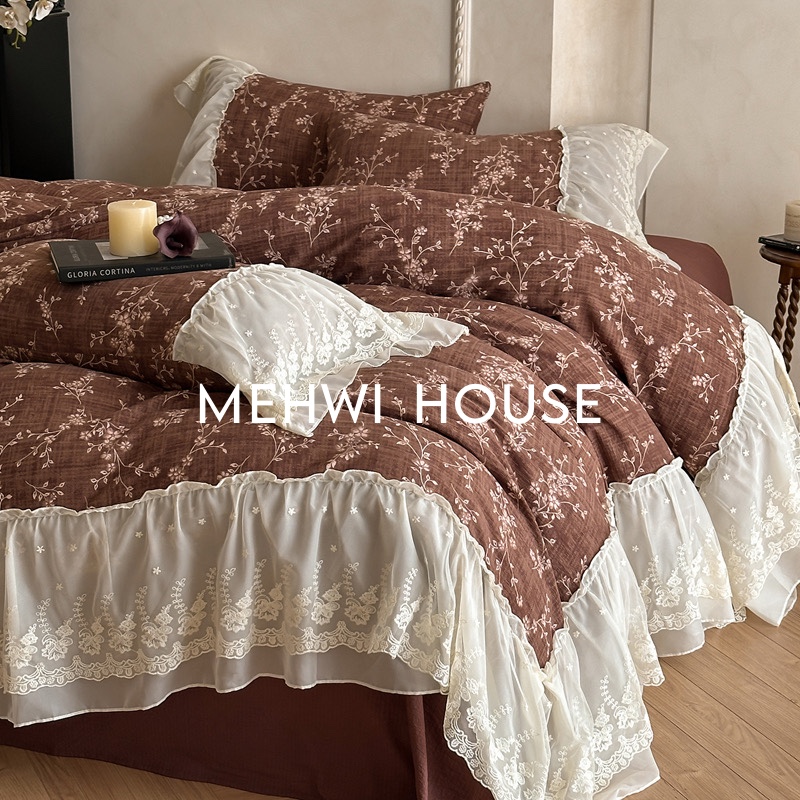 【MEHWI】法式双层雪纺边亲肤加厚四季轻奢花边床单被套复古四件套