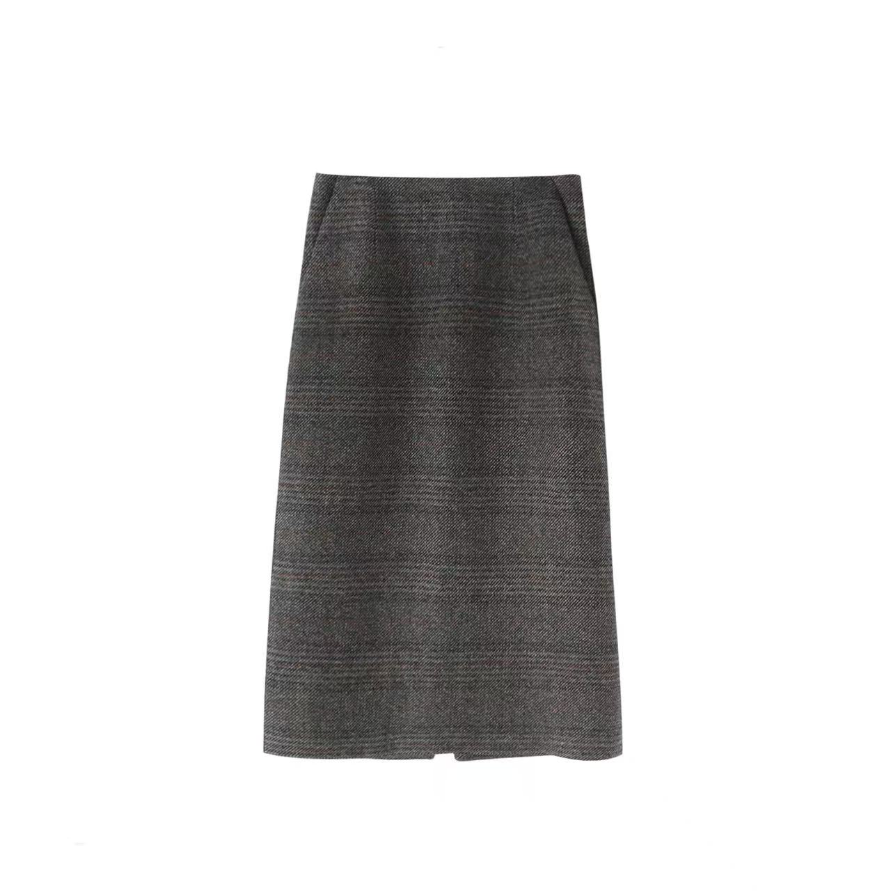 羊毛斜纹加厚侧袋后开叉高腰显瘦半身裙怀旧复古时尚冬季新款A裙