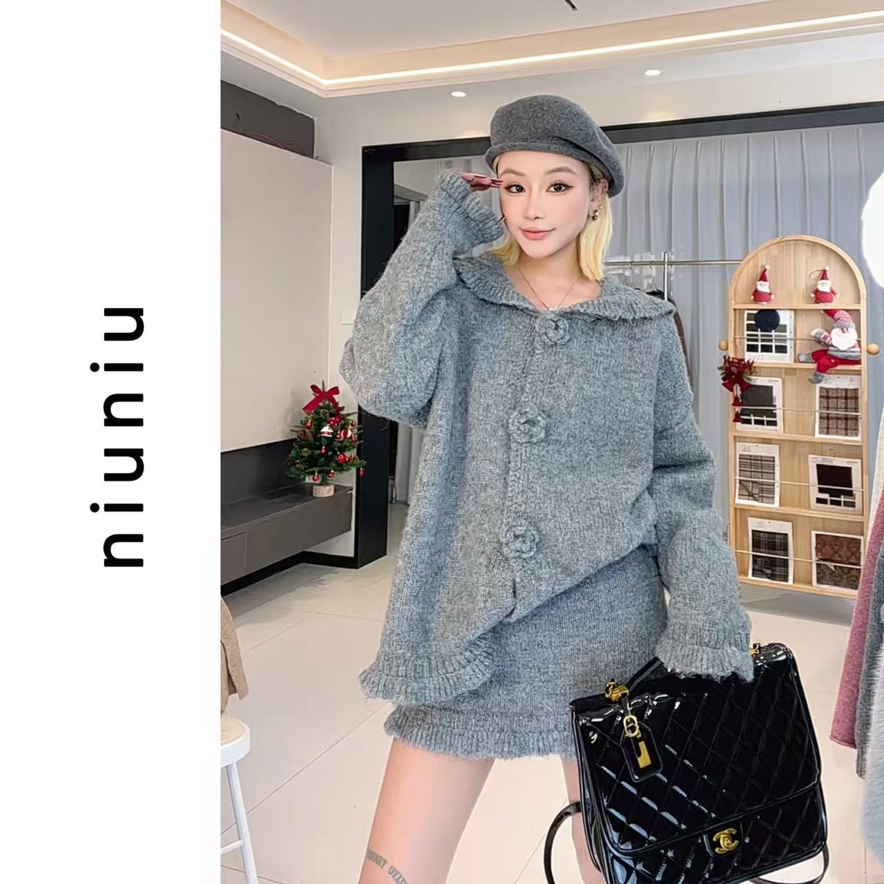 niuniu妞妞「花朵领扣毛衣开衫」时尚百搭花朵领扣加厚套装