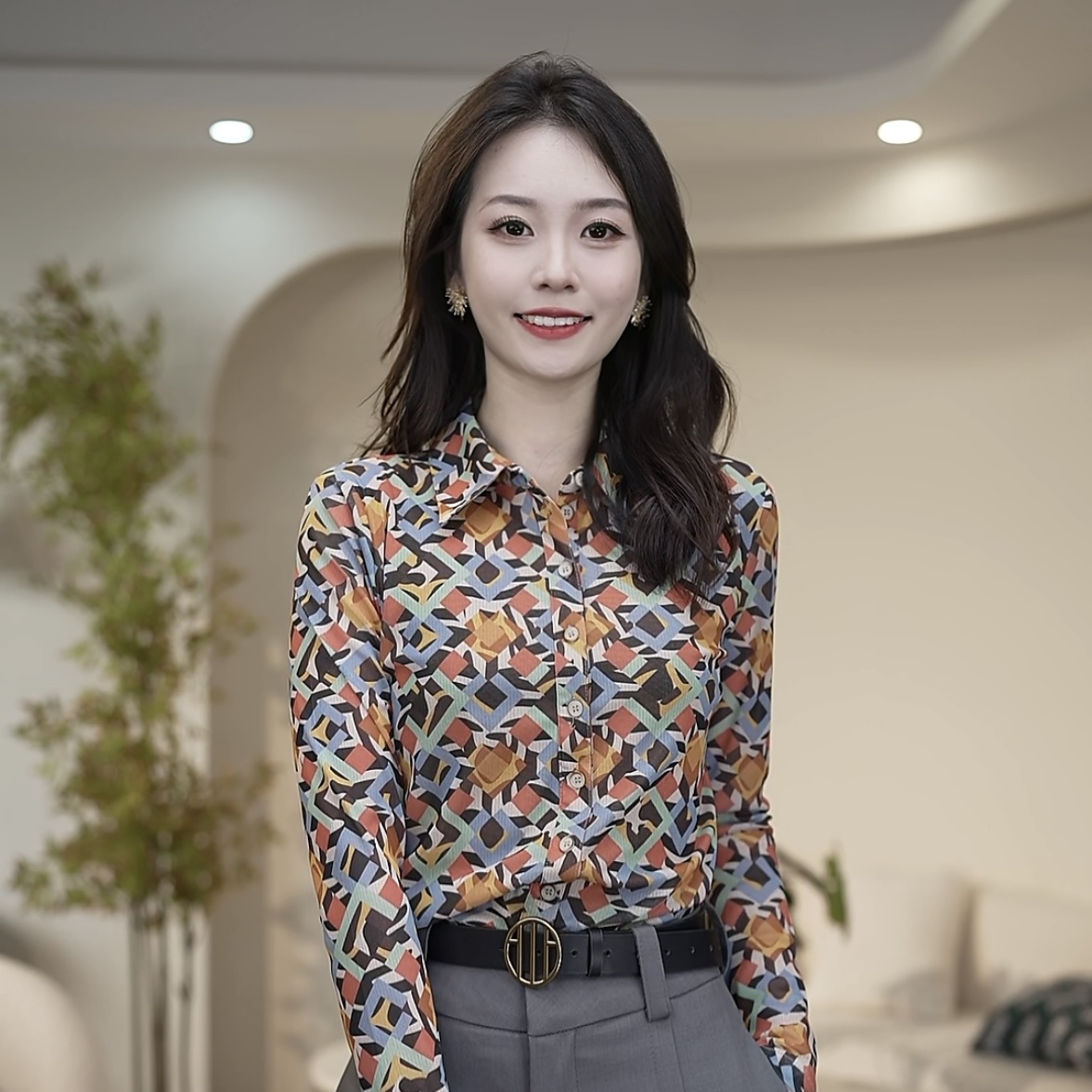 [专柜正品]2025春秋新款百搭修身网纱印花长袖衬衫1300782