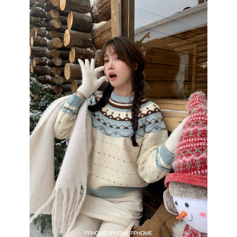 香软小蛋糕 费尔岛圆领毛衣冬季甜美加厚百搭毛衣上衣