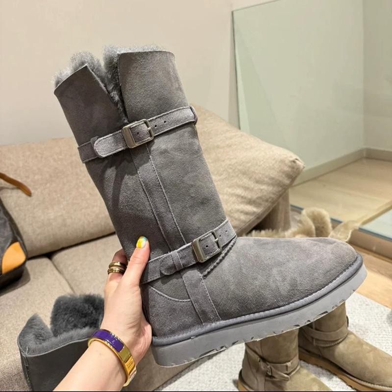 超暖羊皮毛一体雪地靴女骑士靴高筒皮扣带可拆卸翻毛不过膝棉靴冬