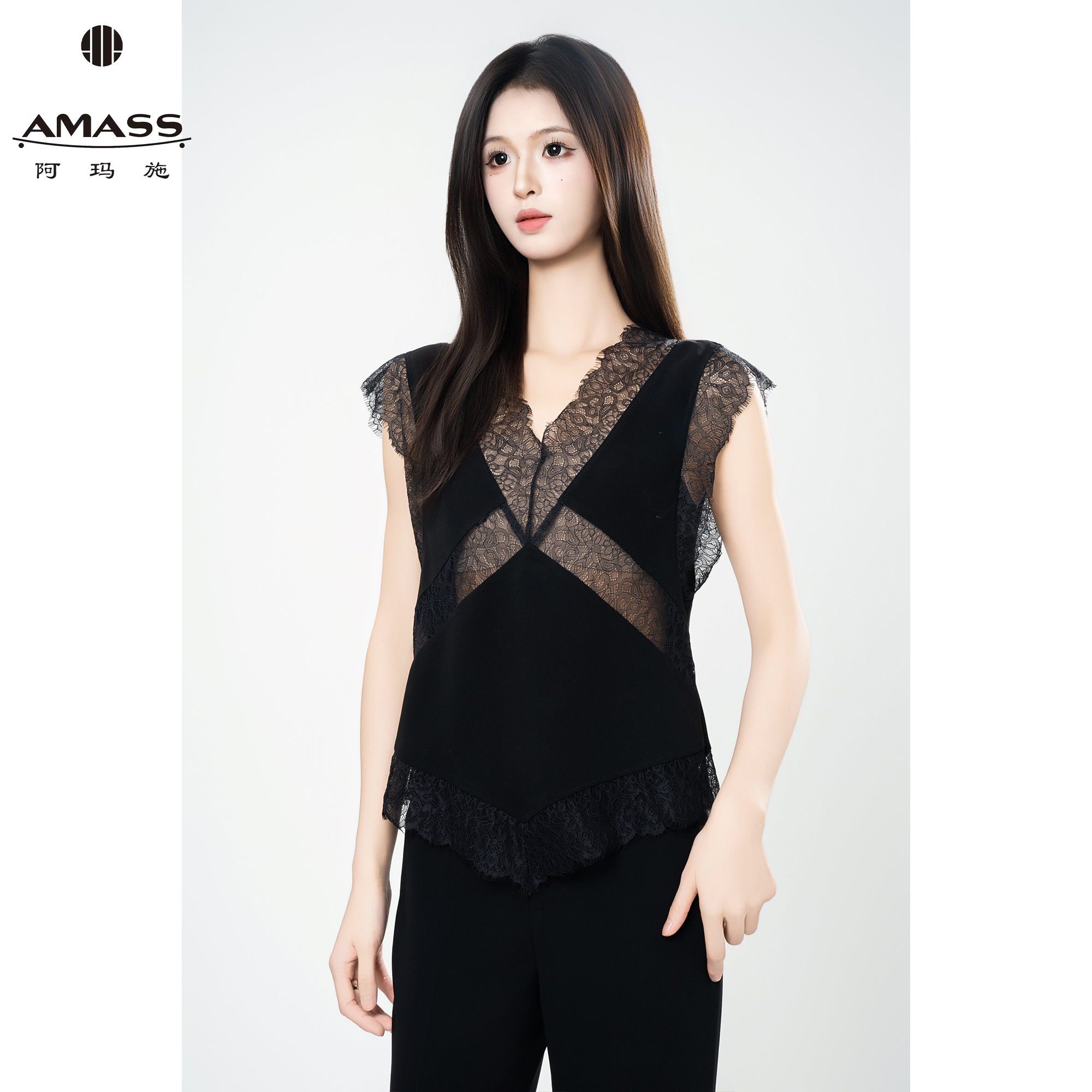 AMASS/阿玛施春夏新款时尚气质纯色清凉蕾丝色丁拼接背心 5300598
