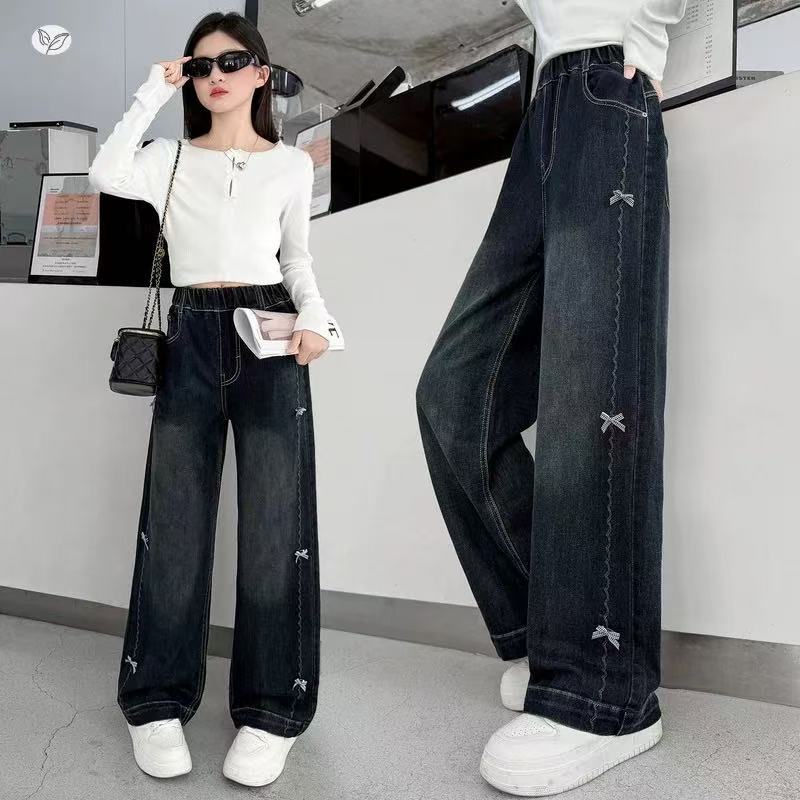 女童牛仔裤春秋2025新款女大童窄版显瘦阔腿裤初中生洋气炸街裤子