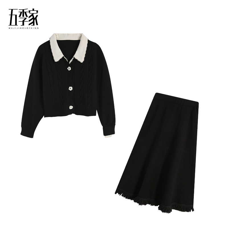 黑色上衣搭配黑色长半裙两件套ZL114816+ZL98869 