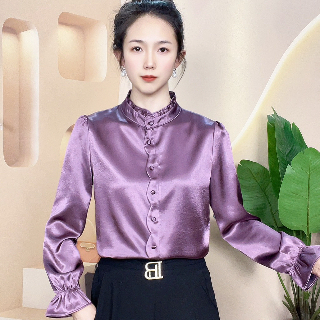 2026春季新款衬衫女木耳领时尚洋气百搭长袖衬衣纯色上衣