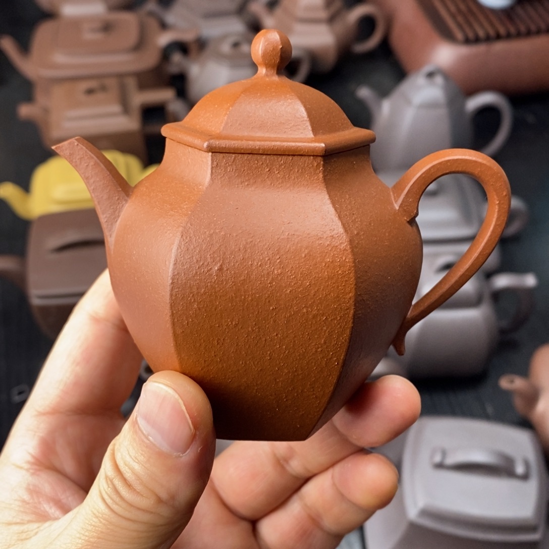 看***海紫砂茶壶红泥六方秋水130cc左右