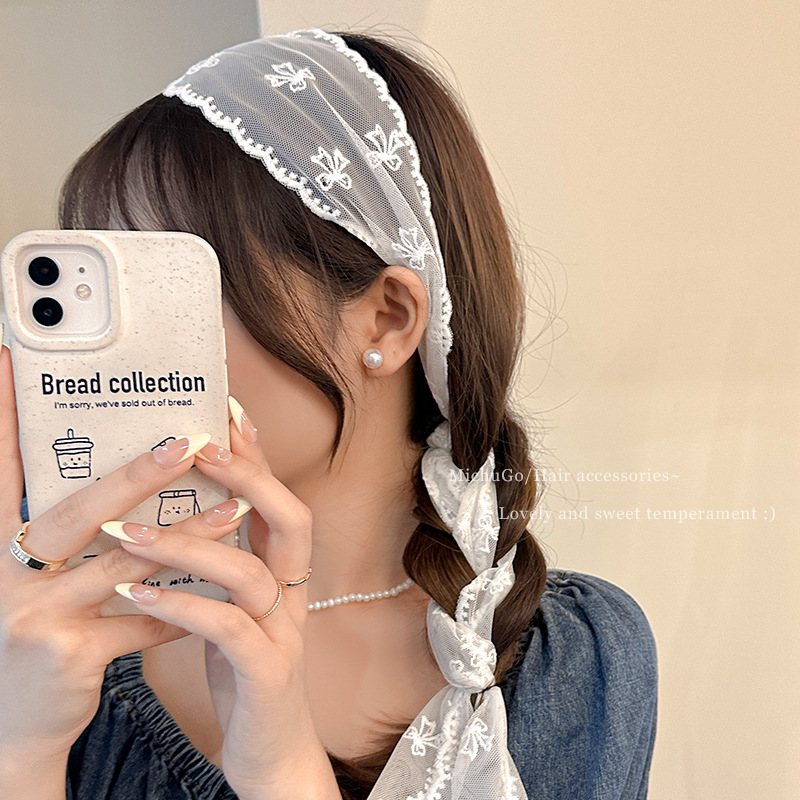 蕾丝蝴蝶结飘带丝巾发绳女多功能绑发绳法式复古丝带气质饰夏