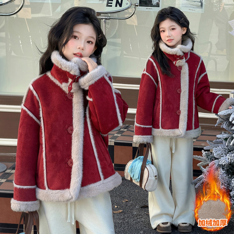 女童红色冬季保暖外套中大童时尚加绒复古新年拜年服外套元旦穿搭