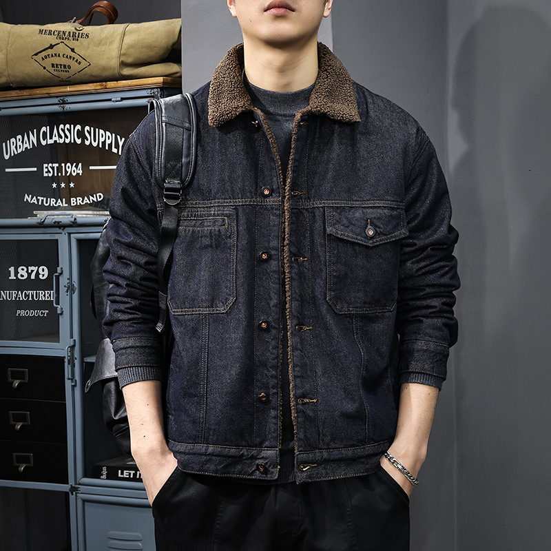 牛仔外套男美式复古水洗工装夹克翻领棉衣2025冬季加绒保暖羊羔绒