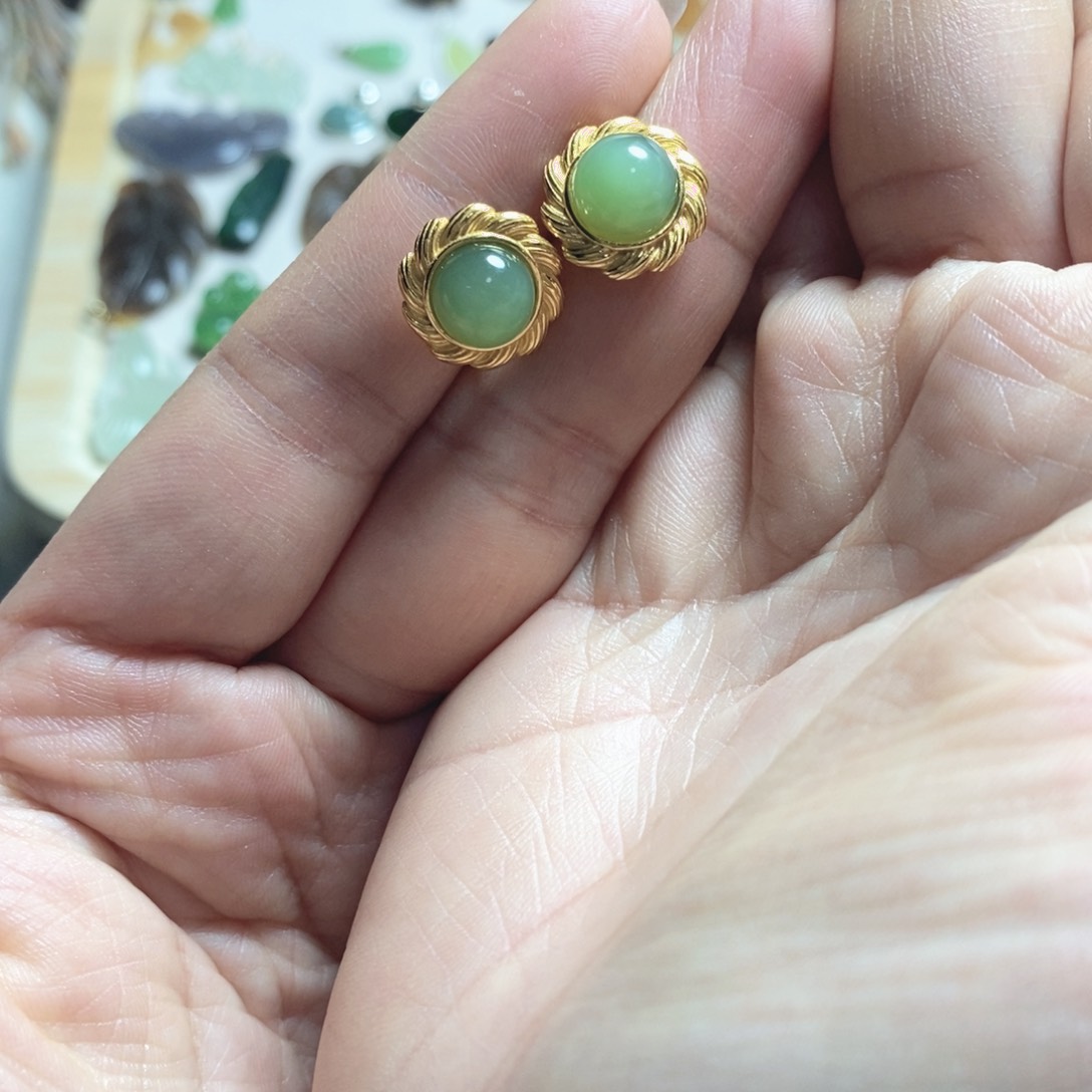 未镶嵌和田玉耳钉碧玉猫眼太阳花耳钉