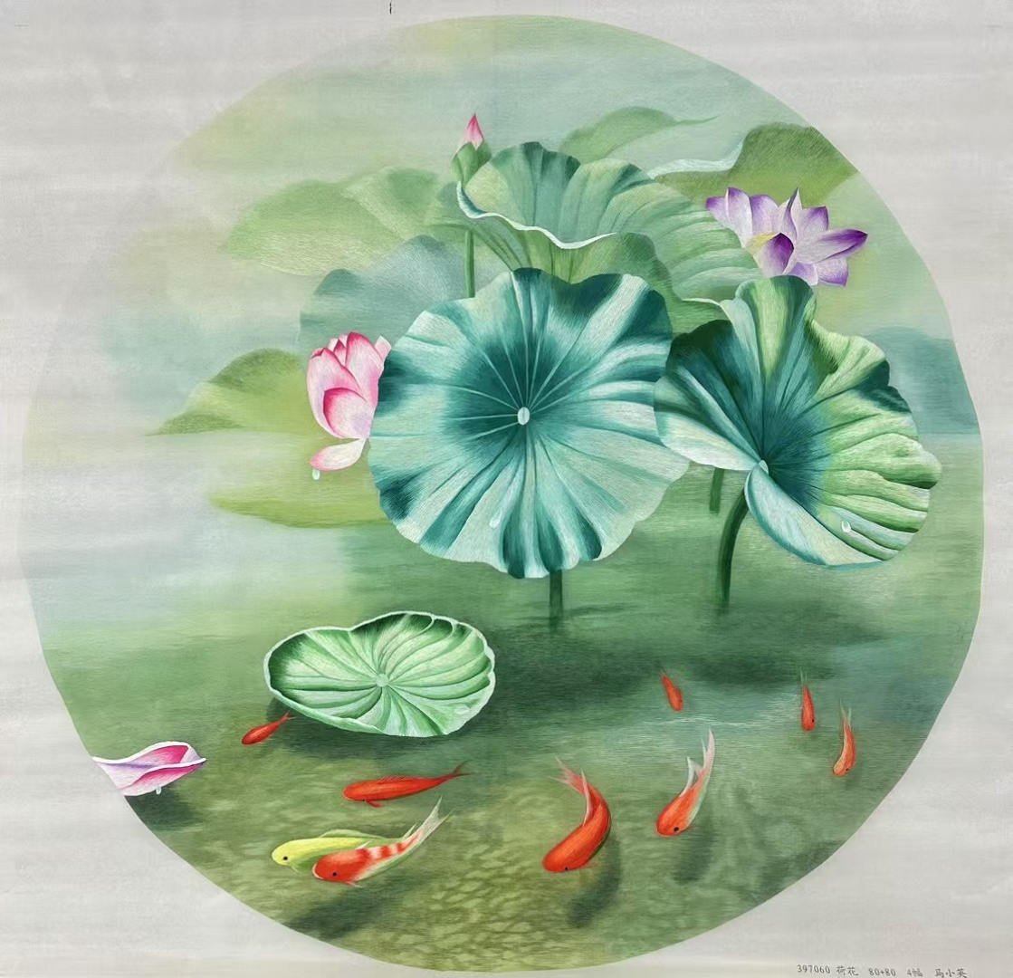 苏绣荷花玄关背景墙挂画纯手工刺绣艺术挂画