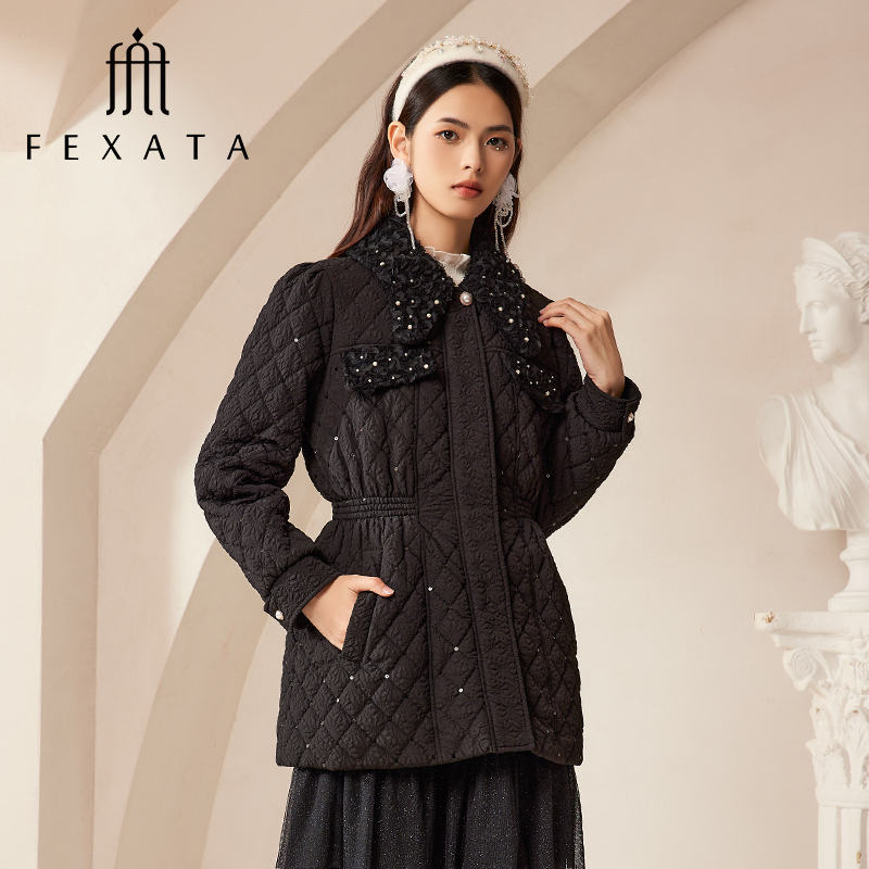 【诗语专属】FEXATA斐格思钉珠翻领复古提花黑色羽绒外套